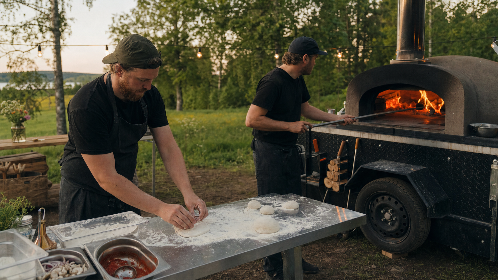 Två pizzabagare arbetar med deg och eld vid en mobil vedugn