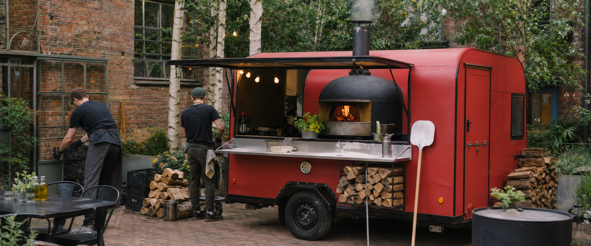 Röd mobil pizzavagn med vedugn i en grön industrigård